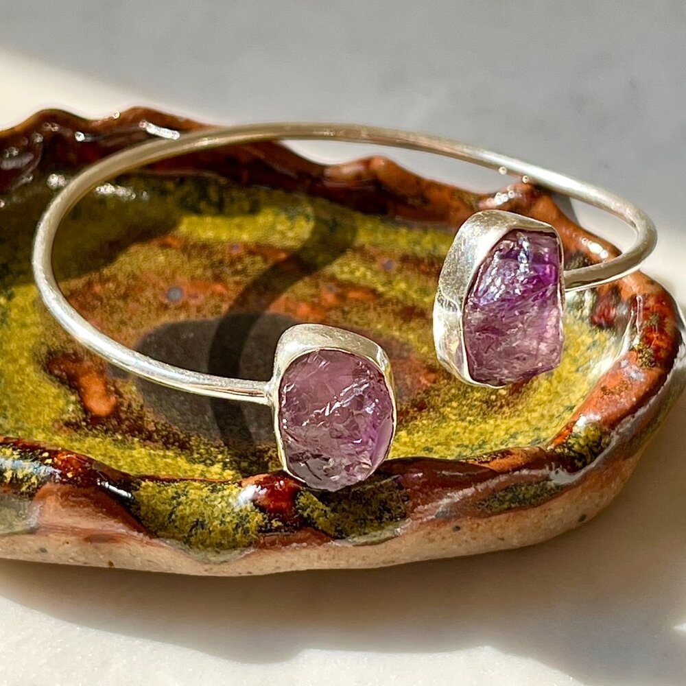 Sterling Silver Raw Amethyst Adjustable Cuff Bangle Bracelet